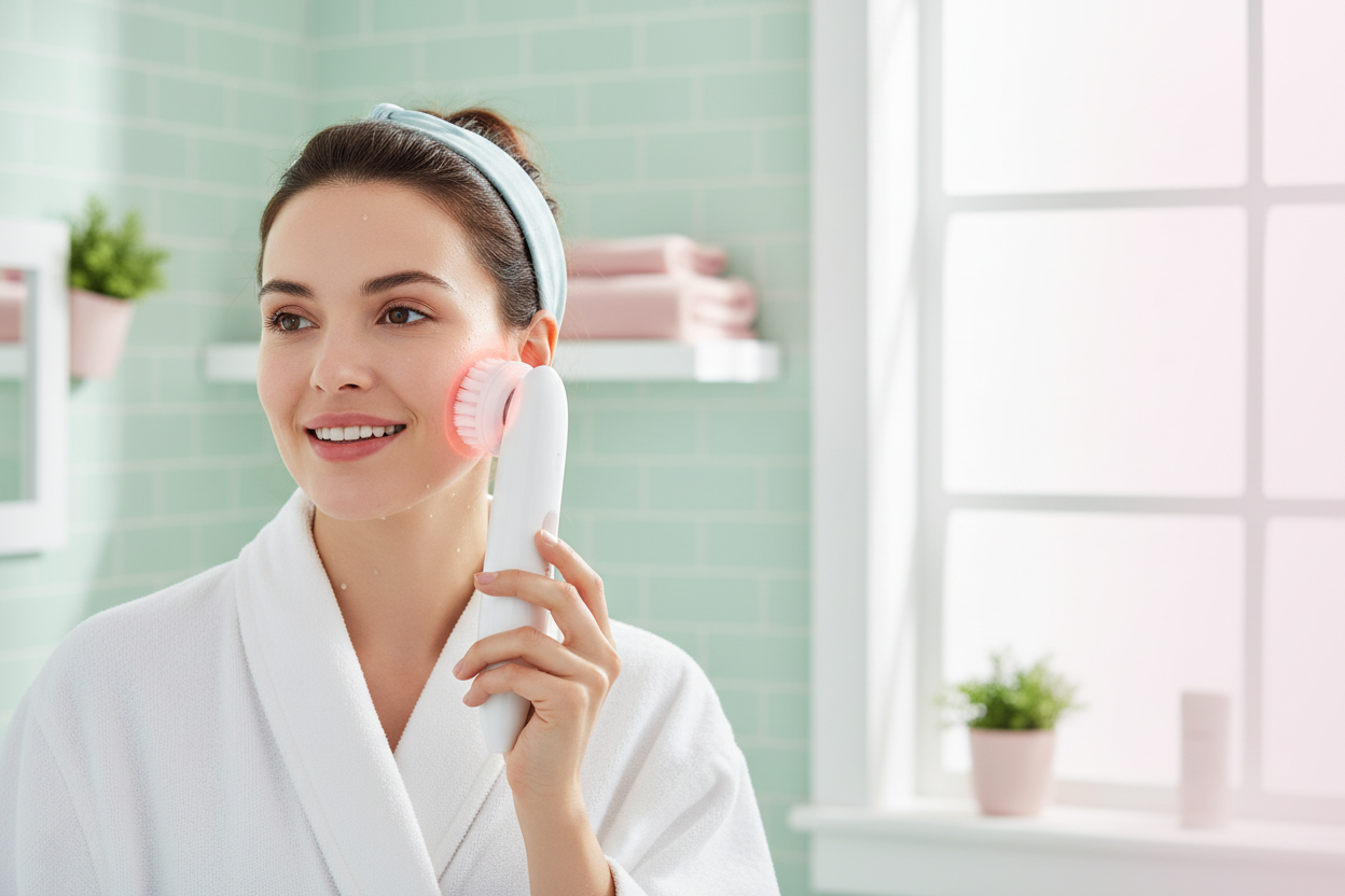Woman using facial cleansing device banner